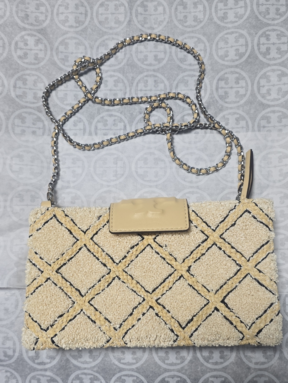 Tory Burch Cream Quilted Shearling Crossbody with Chain Strap